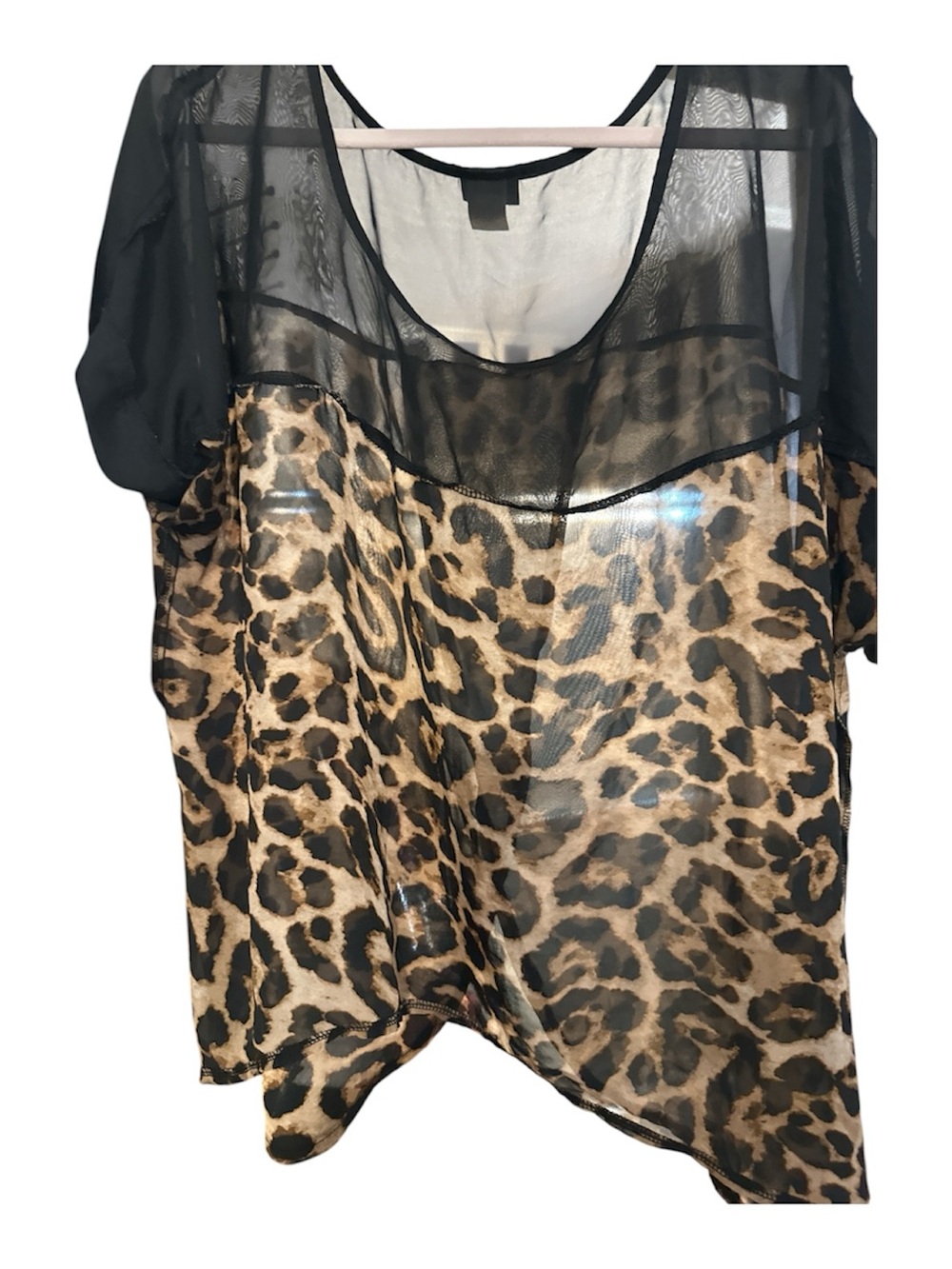 NWOT dots  Leopard Print Sheer Panel Top - Black & Brown crisscross in back 3x